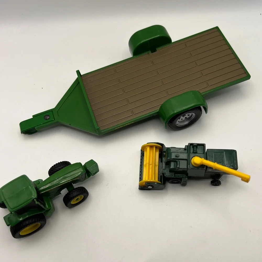John Deere Vehicles and Equipment Toy Lot of 3 Harvester, Trailer, Ewell Tractor